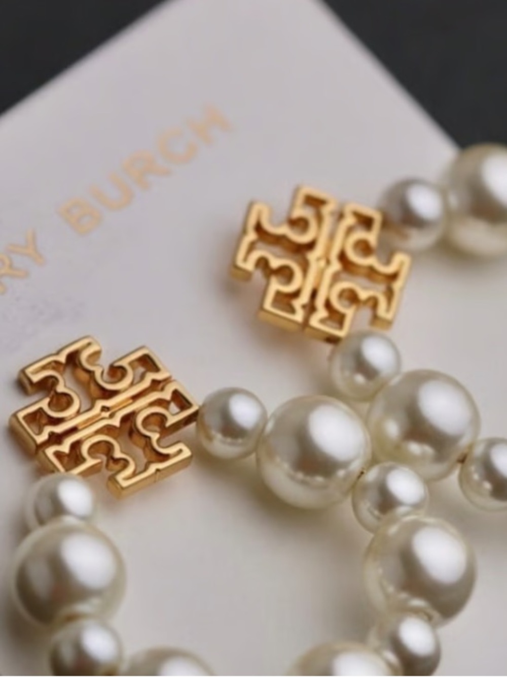 Tory Burch Gold Logo and Ivory Pearl Drop Earrings - Picture 3 of 5